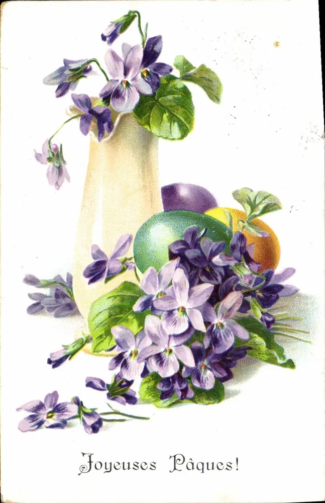 Violetas e frutas — Feliz Páscoa! — Carta postal — União Postal Universal - Frente