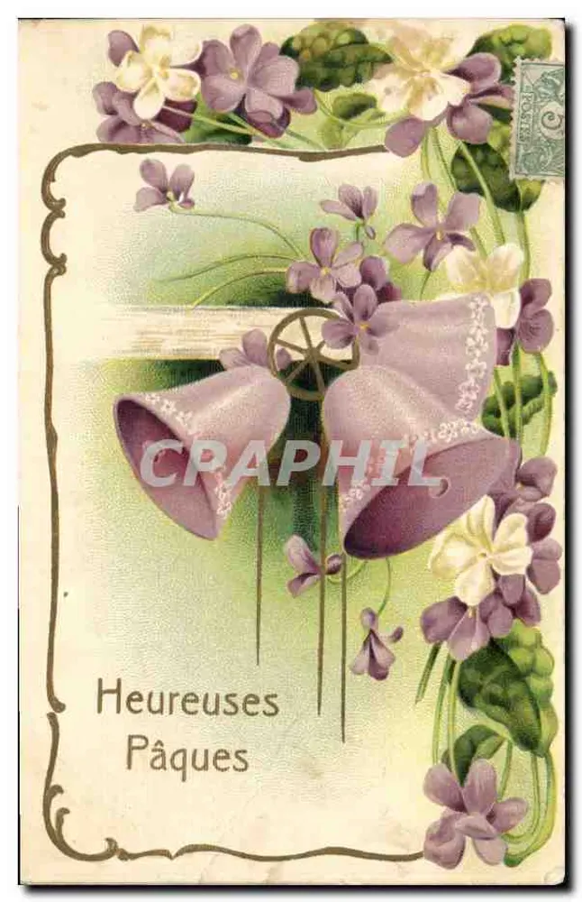 Flores e sinos — Felizes Páscoas — União Postal Universal - Frente