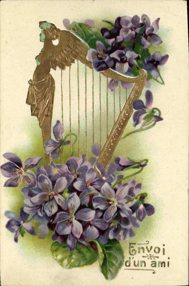 Violetas e harpa — Enviado por um amigo — S.33, editor A.S.B. - Frente