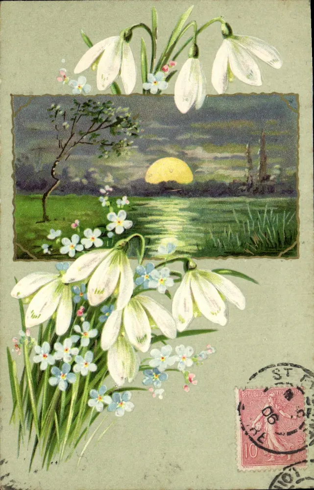 Flores de primavera — paisagem ao pôr do sol — editor desconhecido - Frente
