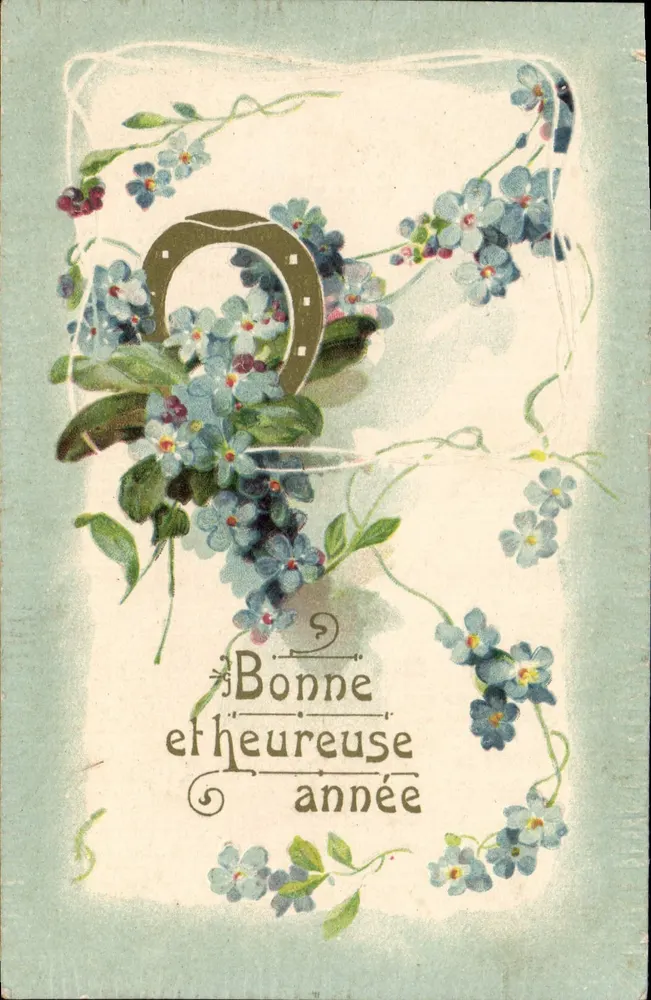Buen año y feliz año — flores azules y azadón — Unión postal universal - Anverso