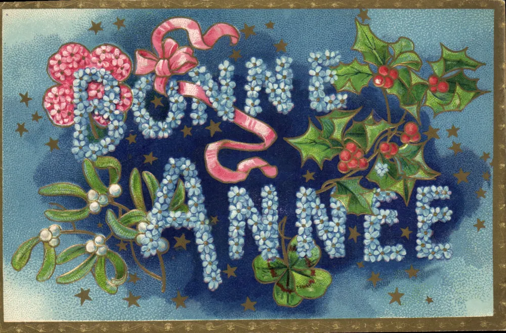 Arranjo de hortência e de folhas de louro — 'BOA ANO NOVO' em flores — K.F. editores, Paris, Série 0.1957 - Frente