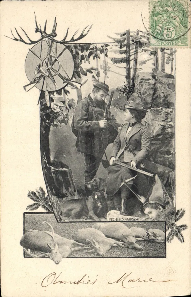 Jäger und Hunde im Wald — Jagdszene mit Hirschen — Verlag FEC & SCOLIKWITZ, Nr. 833 - Vorderseite