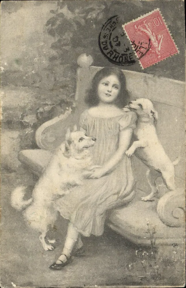 Frau mit zwei Hunden — Garten-Szene — Verlag B.K.W.I. Nr. 962/1 - Vorderseite