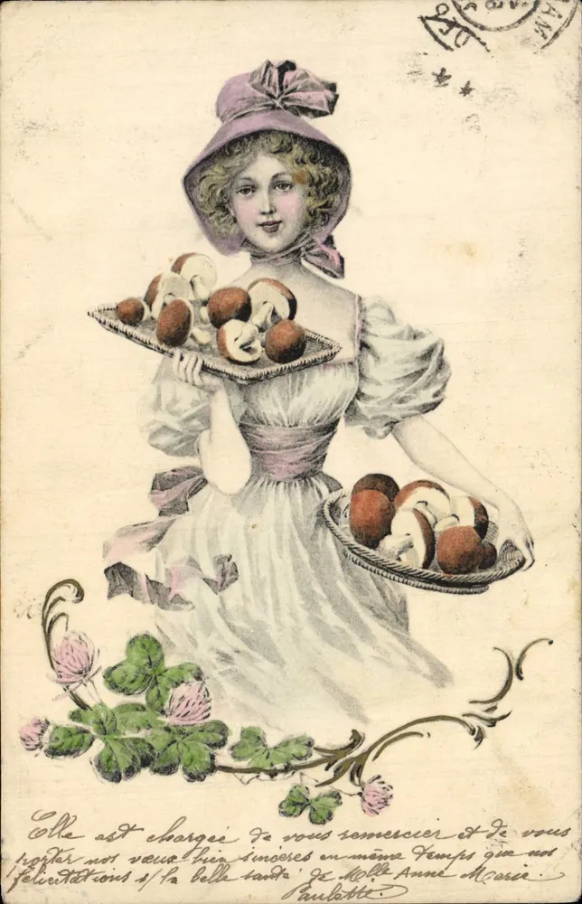 Junge Frau mit violettem Hut, die Körbe mit Pilzen trägt — Verlag 'Postkarte - Carte postale' — Serie 111 - Vorderseite