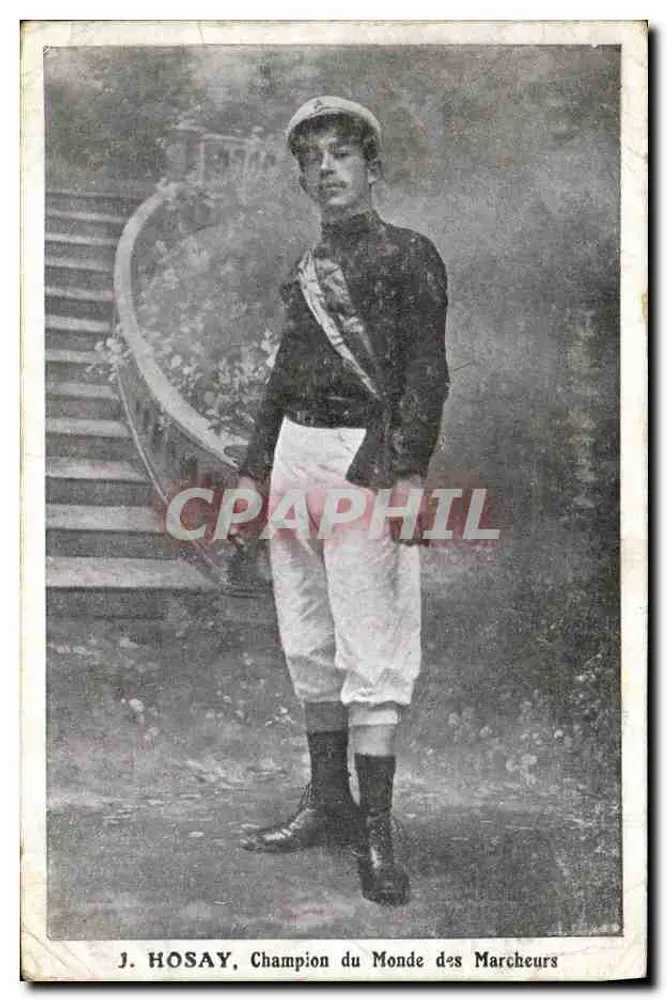 J. Hosay, Champion du Monde des Marcheurs — portrait en tenue de sport avec sash, éditeur non visible, n° de série non lisible - Frente