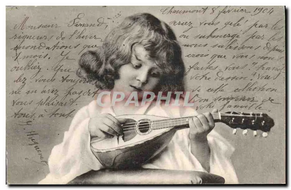 Niña tocando la mandolina — Chaumont, 8 de febrero de 1904 — P. F. B. Serie 3305 - Anverso