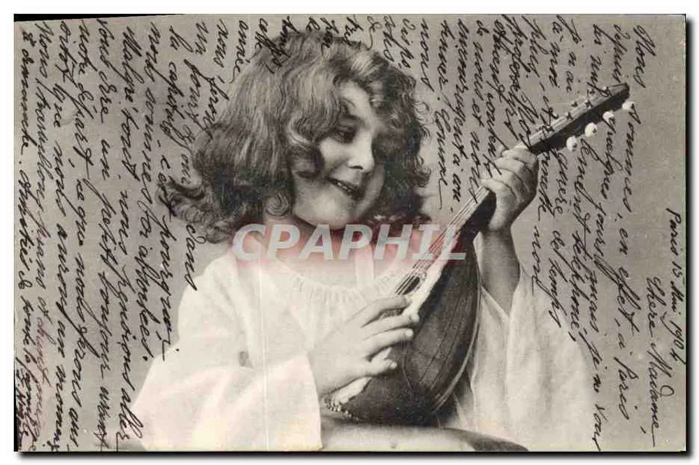 Menina tocando mandolina — carta postal multilíngue — P. F., B. Série 3505 - Frente