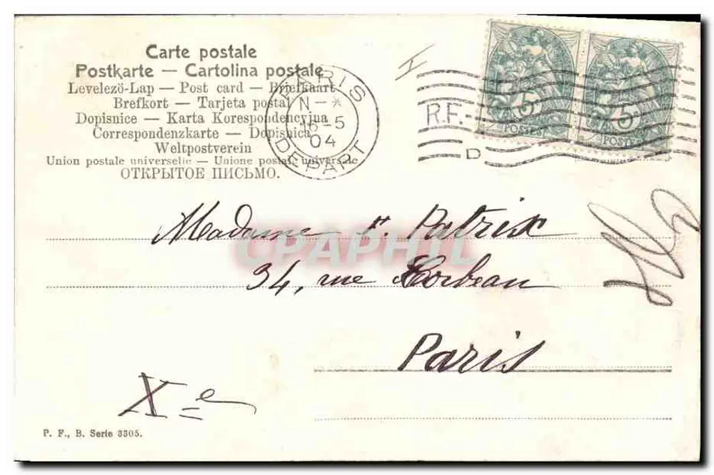 Menina tocando mandolina — carta postal multilíngue — P. F., B. Série 3505 - Verso