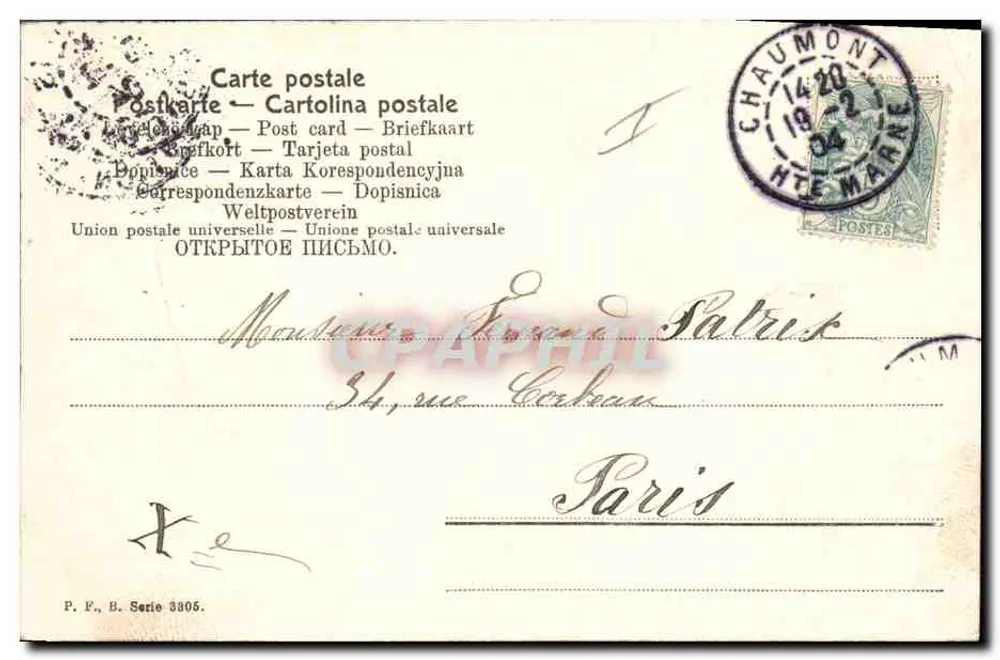 Menina com mandolina — Carta postal assinada por J. Huguenet — P. F., B. Série 3805 - Verso