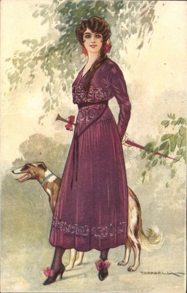 Mulher com vestido roxo com cachorro — T. Corbello — editor Uff. Stampa Milano - Frente