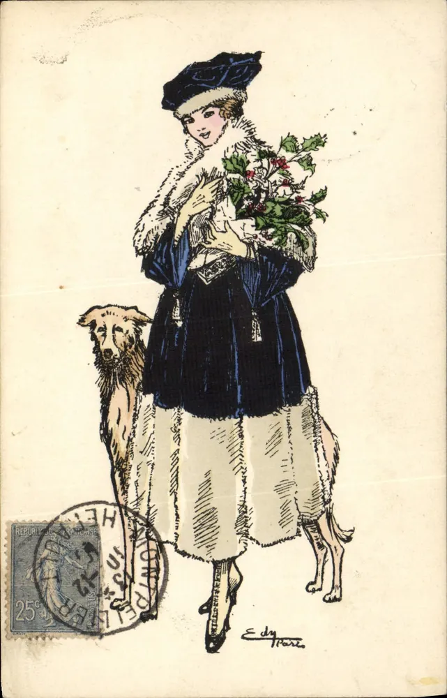 Mulher com capa de pele segurando um buquê de hortência — Editor J. Picot, Paris — Série n°110 - Frente