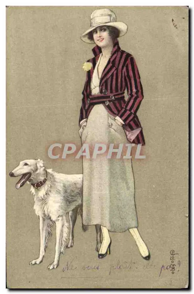 Mulher elegante com cachorro — ilustração — Viato Revisione Stampe N. 1494 - Milano - Frente