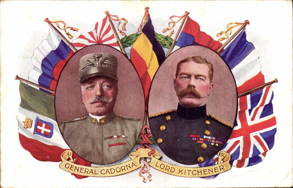Geral Cadorna e Lord Kitchener — retratos enquadrados por bandeiras — editor não visível - Frente