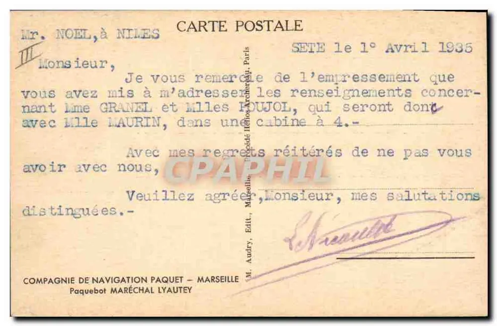 Dampfer MARÉCHAL LYAUTEY — Compagnie de Navigation Paquet — Marseille - Rückseite