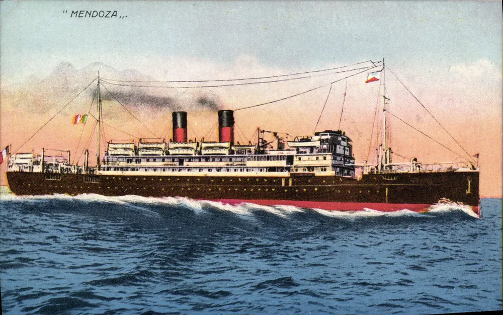 O navio de passageiros "Mendoza" — ilustração colorida — editor desconhecido, número de série não visível - Frente