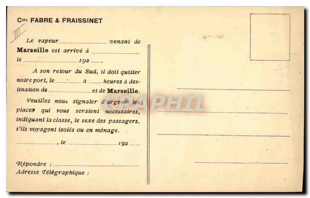 Navio de passageiros "MADONNA" — Ciea FABRE & FRAISSINET — n° III - Verso