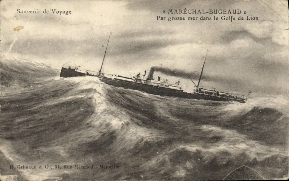 Le « MARÉCHAL-BUGEAUD » — vapeur en mer agitée dans le Golfe de Lion — éditeur H. Grimaud & C°, Marseille - Vorderseite