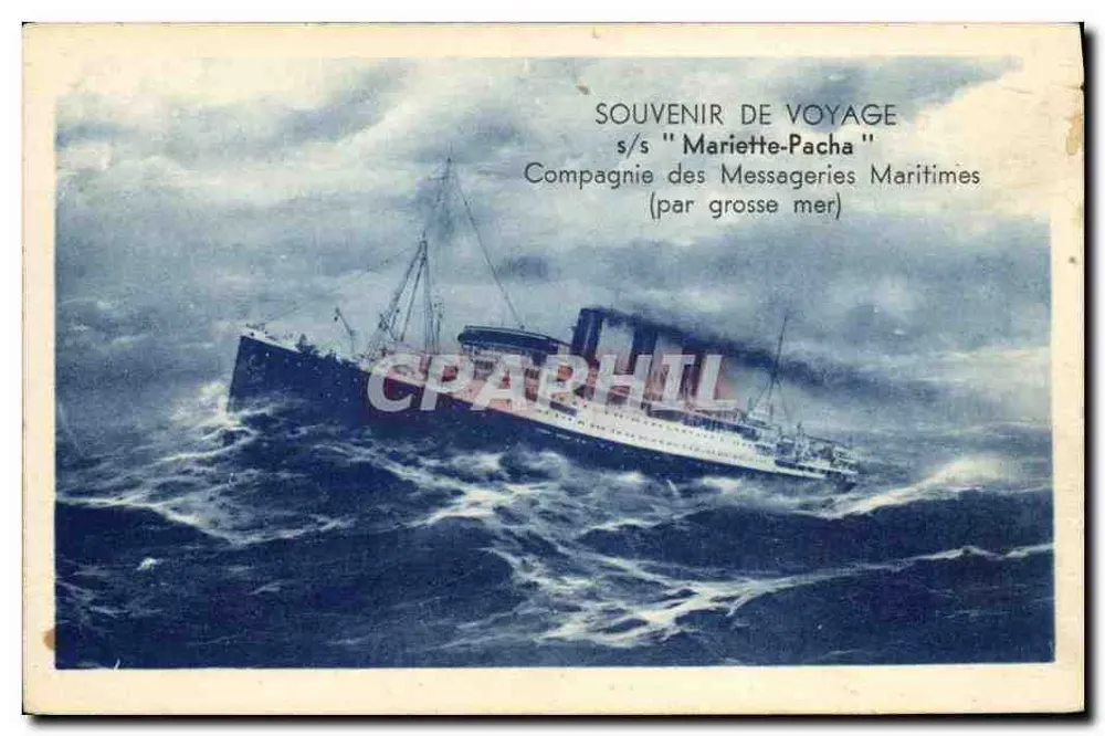 Schiff auf stürmischem Meer — Reiseerinnerung s/s "Mariette-Pacha" — Compagnie des Messageries Maritimes - Vorderseite