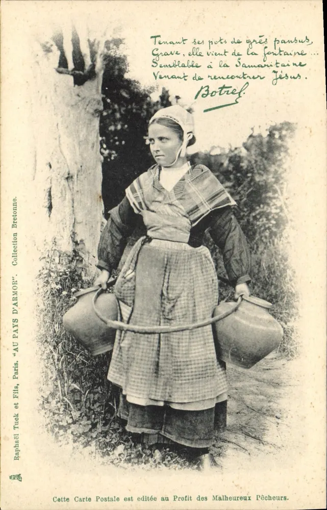 Mulher bretã segurando seus recipientes de grés — editor Raphael Tuck & Fils, Paris — número de série não visível - Frente