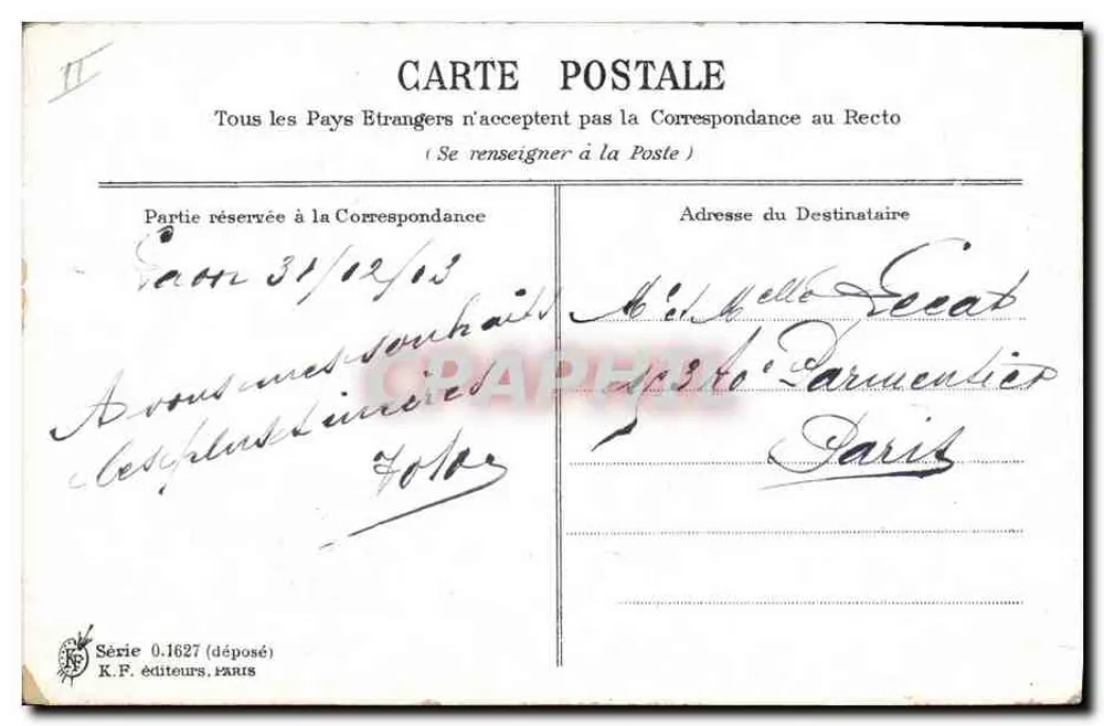 Duas pombas — Boa Ano — K.F. editores, Paris, Série 0.1627 - Verso