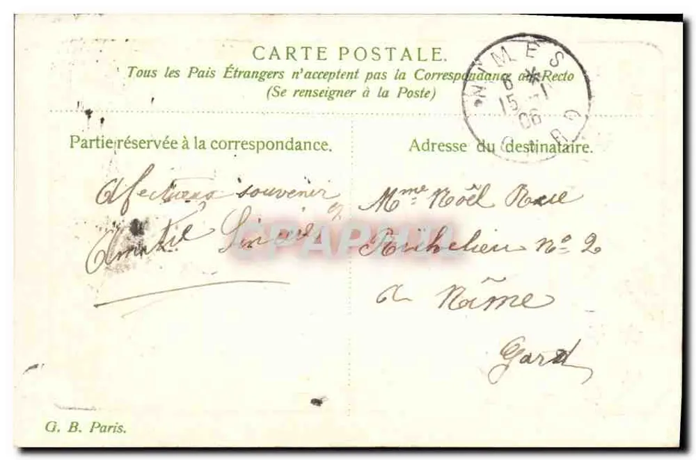 Arranjo de lírios vermelhos — Boa festa janeiro 1906 — G. B. Paris - Verso