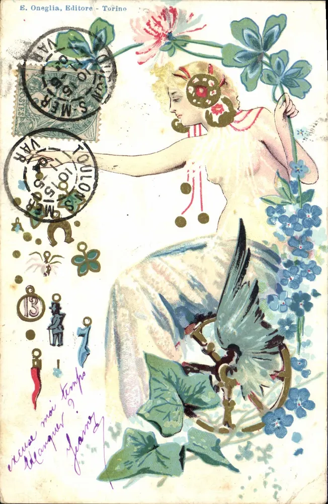 Femme ailée avec fleurs — scène décorative — E. Oneglia, Editore - Torino - Vorderseite