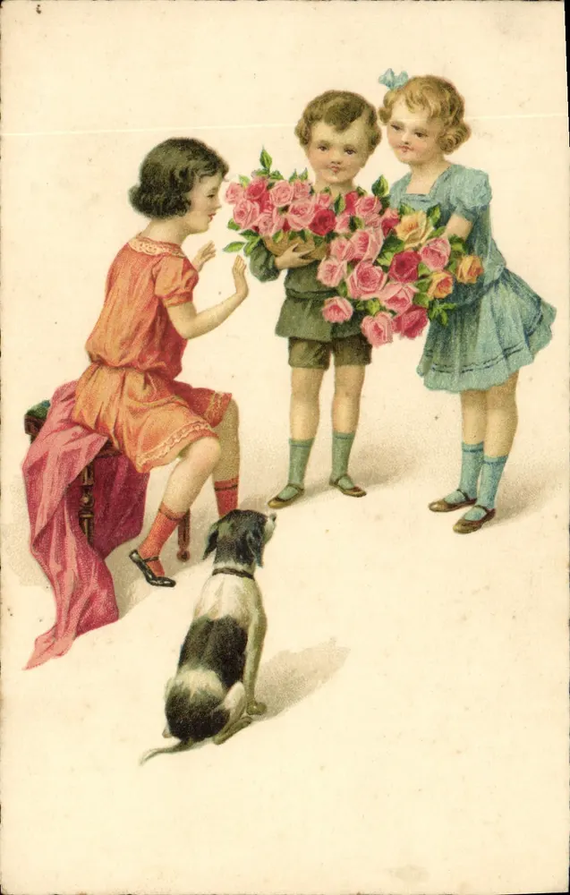 Kinder, die Rosen überreichen — farbiges Bild — unbekannter Verlag, Seriennummer nicht sichtbar - Vorderseite