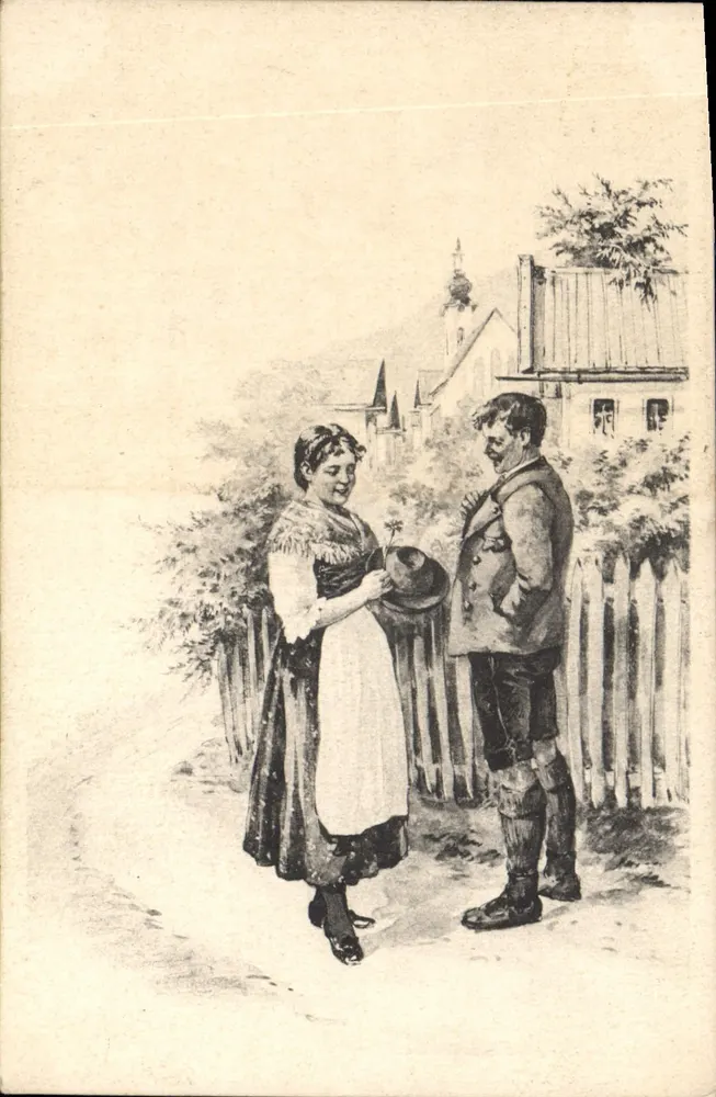 Junge Frau und junger Mann in traditioneller Kleidung — Begegnungsszene — Serie 1669 - Vorderseite