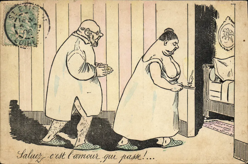 Hallo, es ist die Liebe, die vorbeikommt! — Karikatur — P. Martel - Lyon - Vorderseite