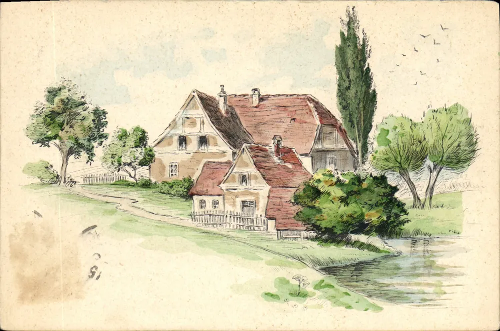 Vila pitoresca à beira de um curso d'água — desenho aquarelado — editor não identificado - Frente