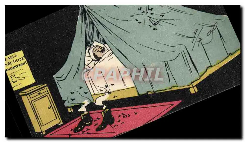 Humoristischer Motiv — Insekten, die ein Zimmer überfallen — unbekannter Verleger - Vorderseite