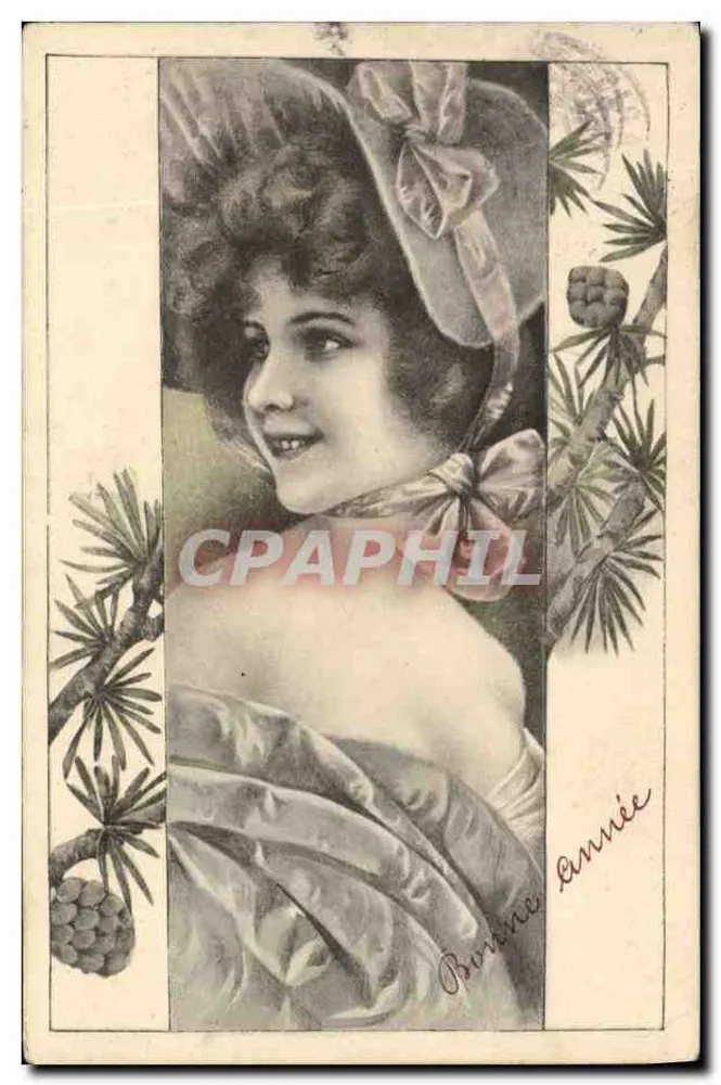 Junge Frau mit Schleierhut — Dekoration aus Tannenzweigen — 'Bonne Année' — A.S. Serie 849 - Vorderseite