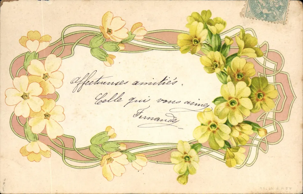 Carta postal decorativa com flores — amizades afetuosas — editor A.M. N. M.T. n°46 - Frente
