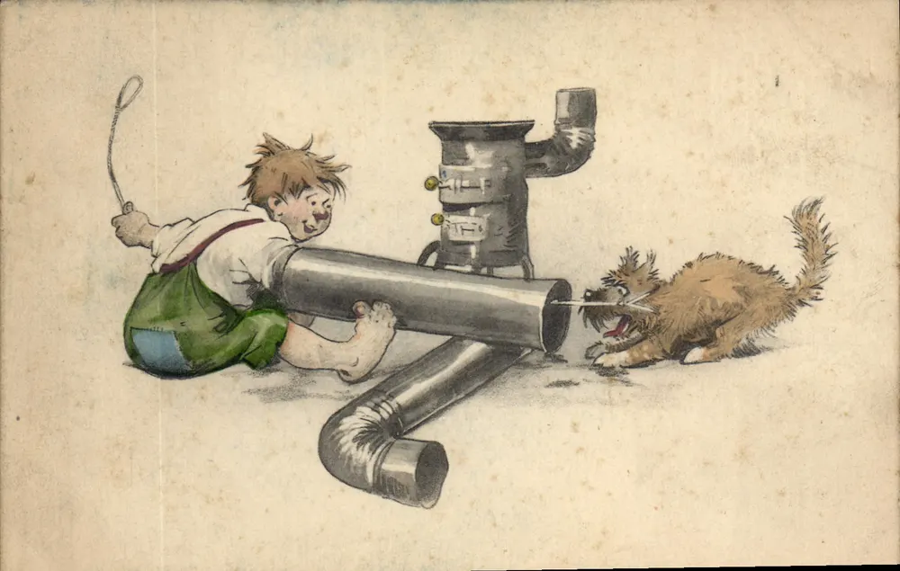Kind und Hund spielen mit Schläuchen — H. Christ, Wien, N° 204 - Vorderseite