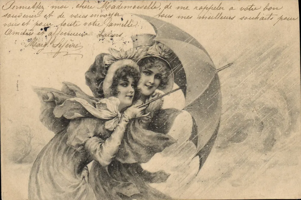 Zwei junge Frauen unter einem Schirm in der Regen — Verlag M. M. Vienne, Nr. nicht sichtbar - Vorderseite