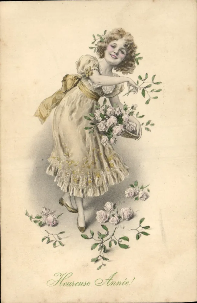 Fille avec un panier de roses — 'Heureuse Annie!' — M.M. Vienne, n° 344 - Recto