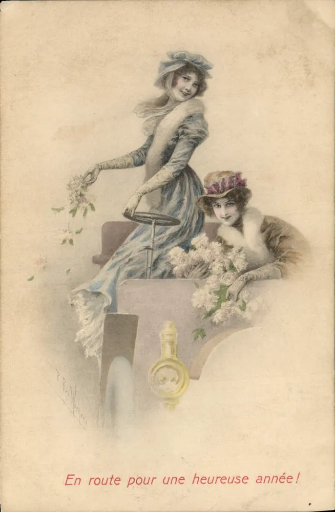 Zwei junge Frauen in einem Auto — Illustration signiert von P. Le Wéher — Verlag M.M. 'ENNE', n° 240 - Vorderseite
