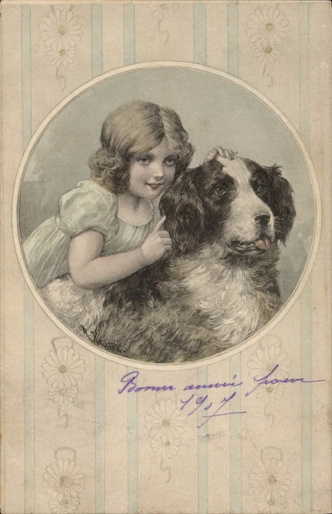 Mädchen und Hund — Geburtstag — R. Madre, Serie 608 - Vorderseite