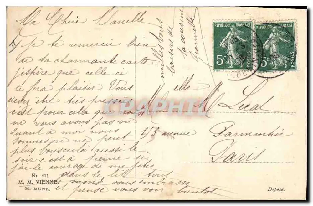 Junge Frau mit Schleifenhut — R.R. Villichera — Verlag M. Munk, Nr. 411 - Rückseite