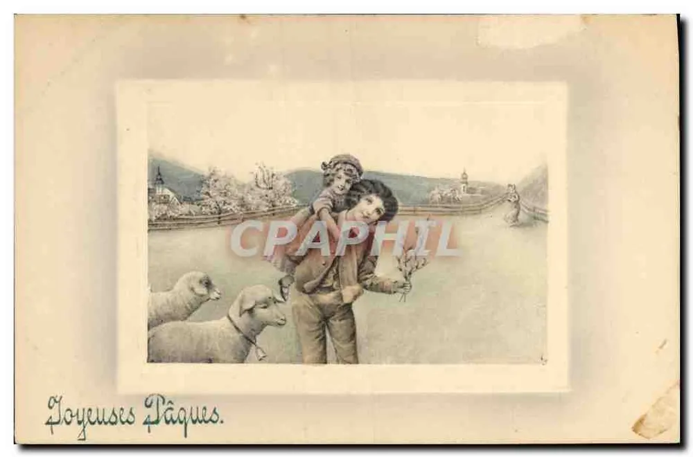 Enfant portant un autre enfant sur les épaules — scène pastorale avec moutons — éditeur V. K. VIENNE, n° 4037 - Vorderseite
