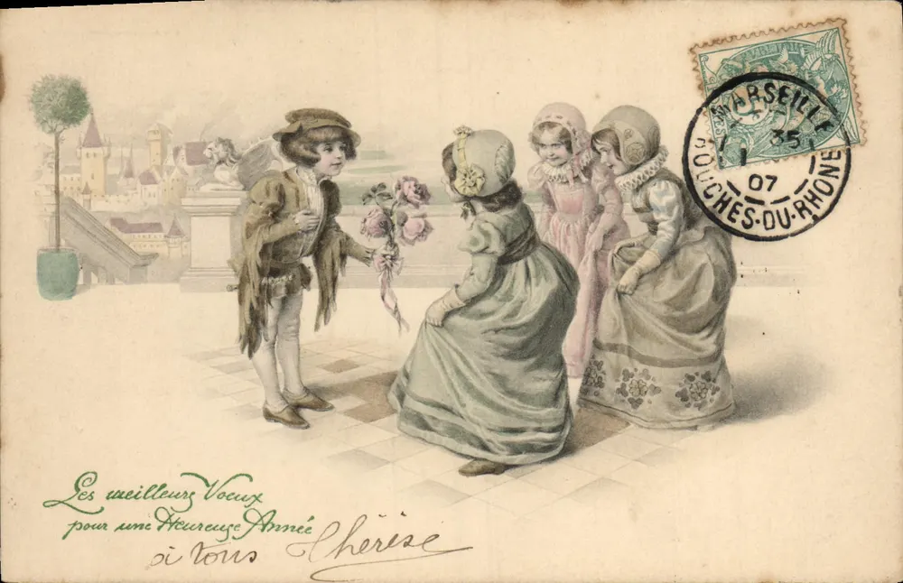 Jungmann, der Rosen an drei junge Mädchen gibt — Verlag M.M. Vienne, Nr. 292 - Vorderseite
