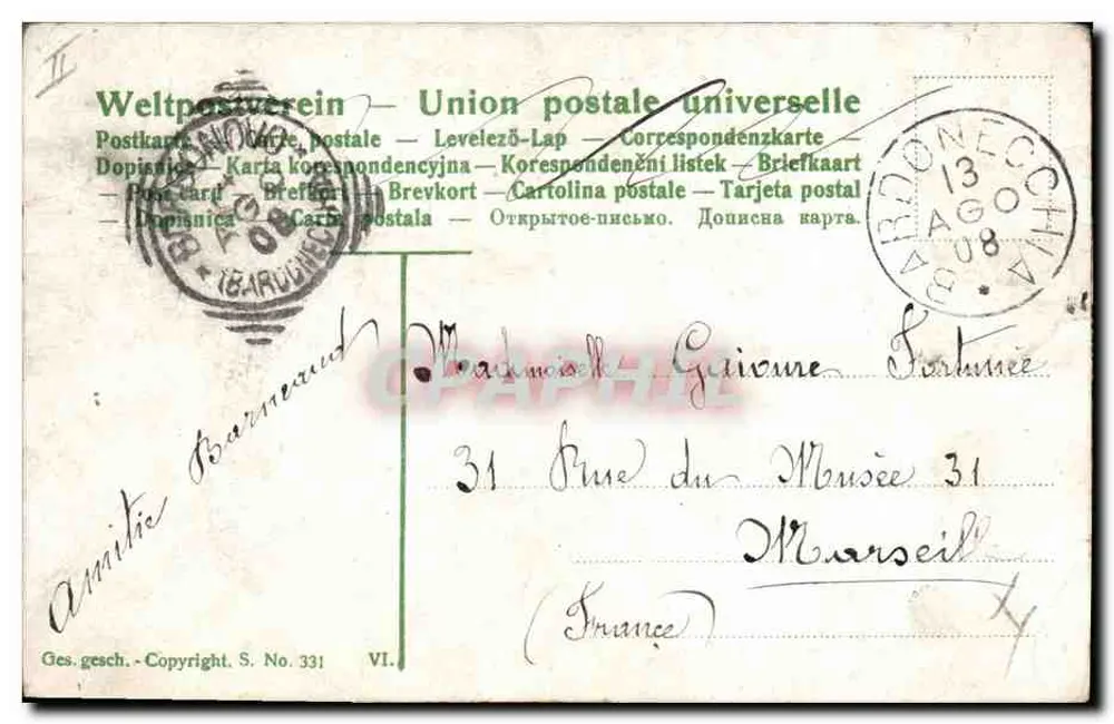 Jeune homme jouant de la mandoline — jeune femme sur un mur — éditeur Weltpostverein, n° 331 - Verso