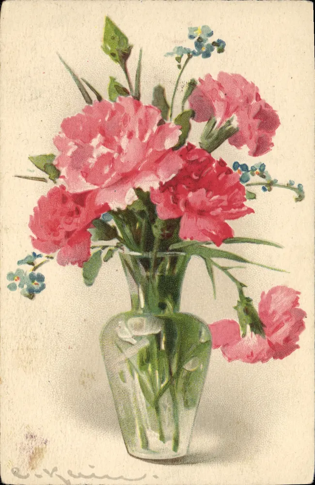 Arranjo de pêssegos rosa — flores azuis — editor EMKA, n° 0,56 - Frente