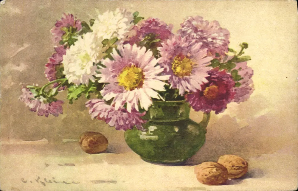 Arranjo de crisântemos — com nozes — desenho de C. V. Geiser - Frente