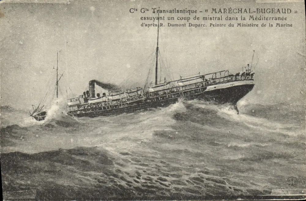 Cie Générale Transatlantique — « MARÉCHAL-BUGEAUD » ertrinkt einen Mistral-Sturm in der Mittelmeeres — nach R. Dumont Duparc, Maler des Ministeriums für Marine - Vorderseite