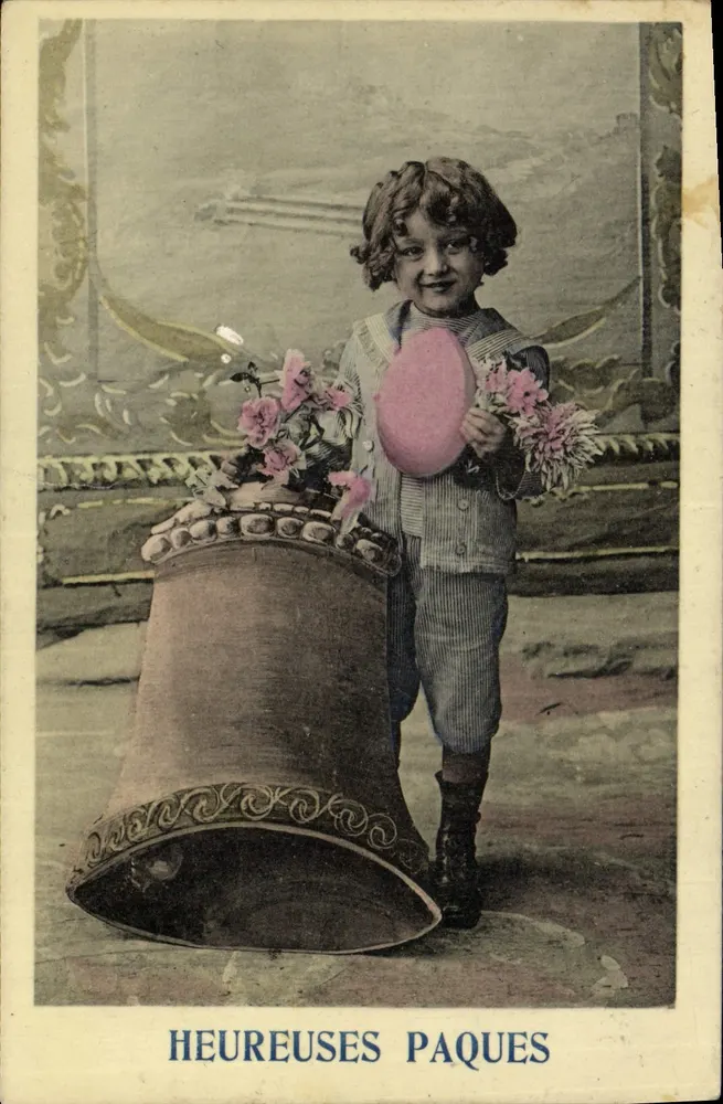 Enfant aux fleurs et à la cloche — scène de Pâques — éditeur non visible - Frente