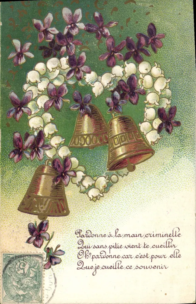 Arranjo de violetas e flores de laranjeira — sinos dourados — editor não visível - Frente