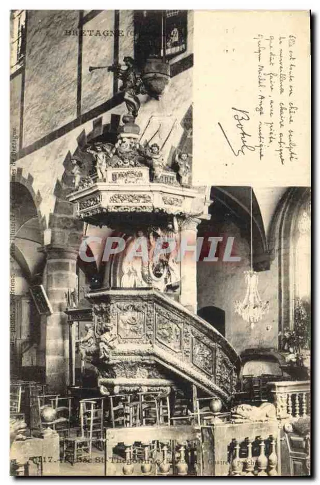 Interior da Igreja de São Thégonnec — cadeira de pregador esculpida — editor: Cartes illustrées de Bretagne, n° 17 - Frente