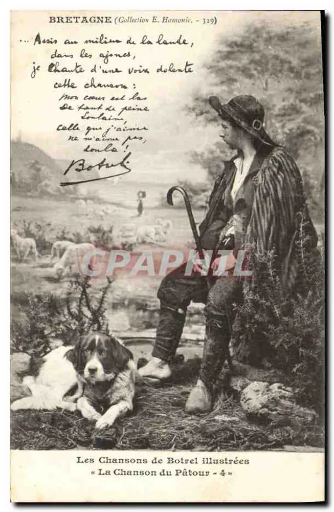 Bretaña — Paisaje pastoral con pastor y perro — Colección E. Hamonic, n° 329, Las Canciones de Botrel ilustradas « La Canción del Pâtour - 4 » - Anverso